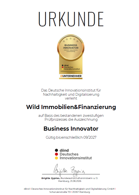 Business Innovator Urkunde 2026 f�r Wild Immobilien&Finanzierung